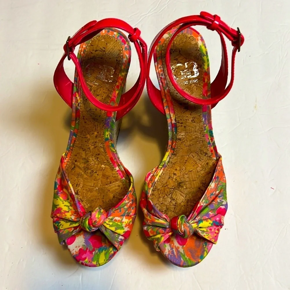 Gianni Bini Pink Floral Ankle Strap Wedge Sandal 9.5